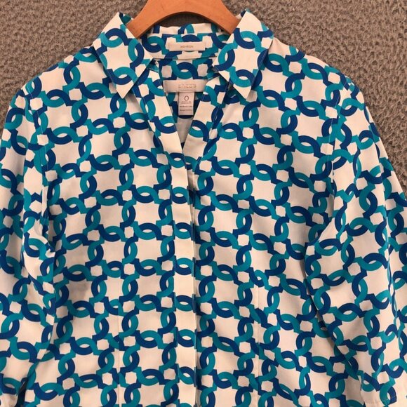 Chicos Shirt Womens 0 US 4 Blue Geometric No Iron Button Up Collar 3/4 Sleeve - Picture 2 of 9
